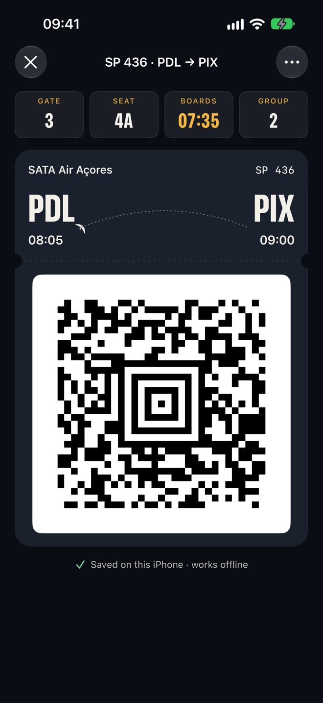 A boarding pass at the gate: gate, seat, boarding time and a crisp code that works offline.